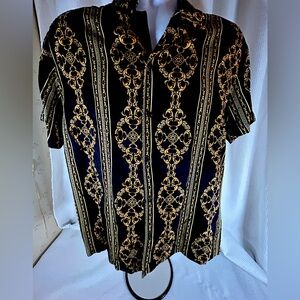 Vintage Level Ten Courture short sleeve button down shirt black , gold brocade